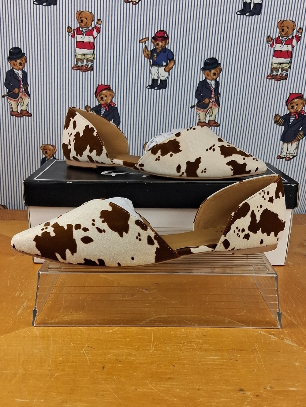 Qupid Women's Calf Cow Print Suede Point Toe Beige & Brown Casual Summer Flats